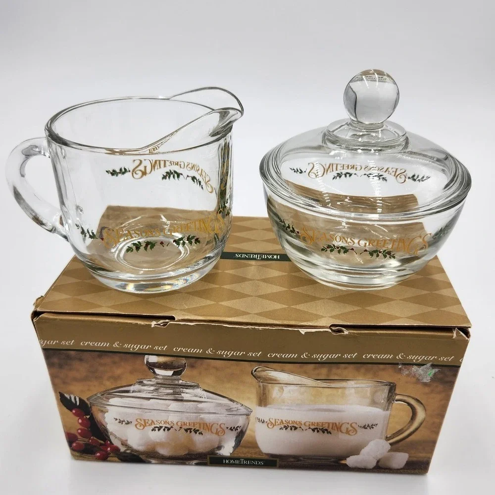 VTG Hometrends Anchor Hocking Glass Sugar & Cream Set Season Greetings Deadstock